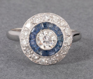 Gold Platinum Sapphires and Diamonds French Art Deco Ring