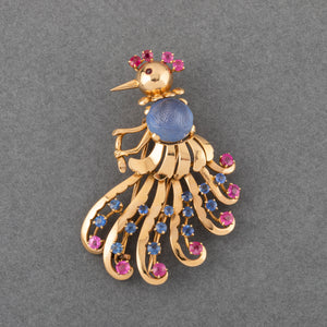 Gold Sapphires and Rubies French Vintage Bird Brooch