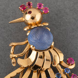 Gold Sapphires and Rubies French Vintage Bird Brooch