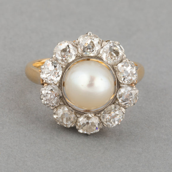 Bague Antique Belle Epoque Diamants 1.40 Carats et Perle Naturelle