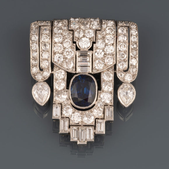 5 Carats Diamonds and 2.20 Carats Sapphire French Art Deco Brooch