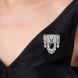 5 Carats Diamonds and 2.20 Carats Sapphire French Art Deco Brooch