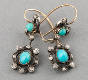 Diamonds and Turquoises 19th century Earrings
